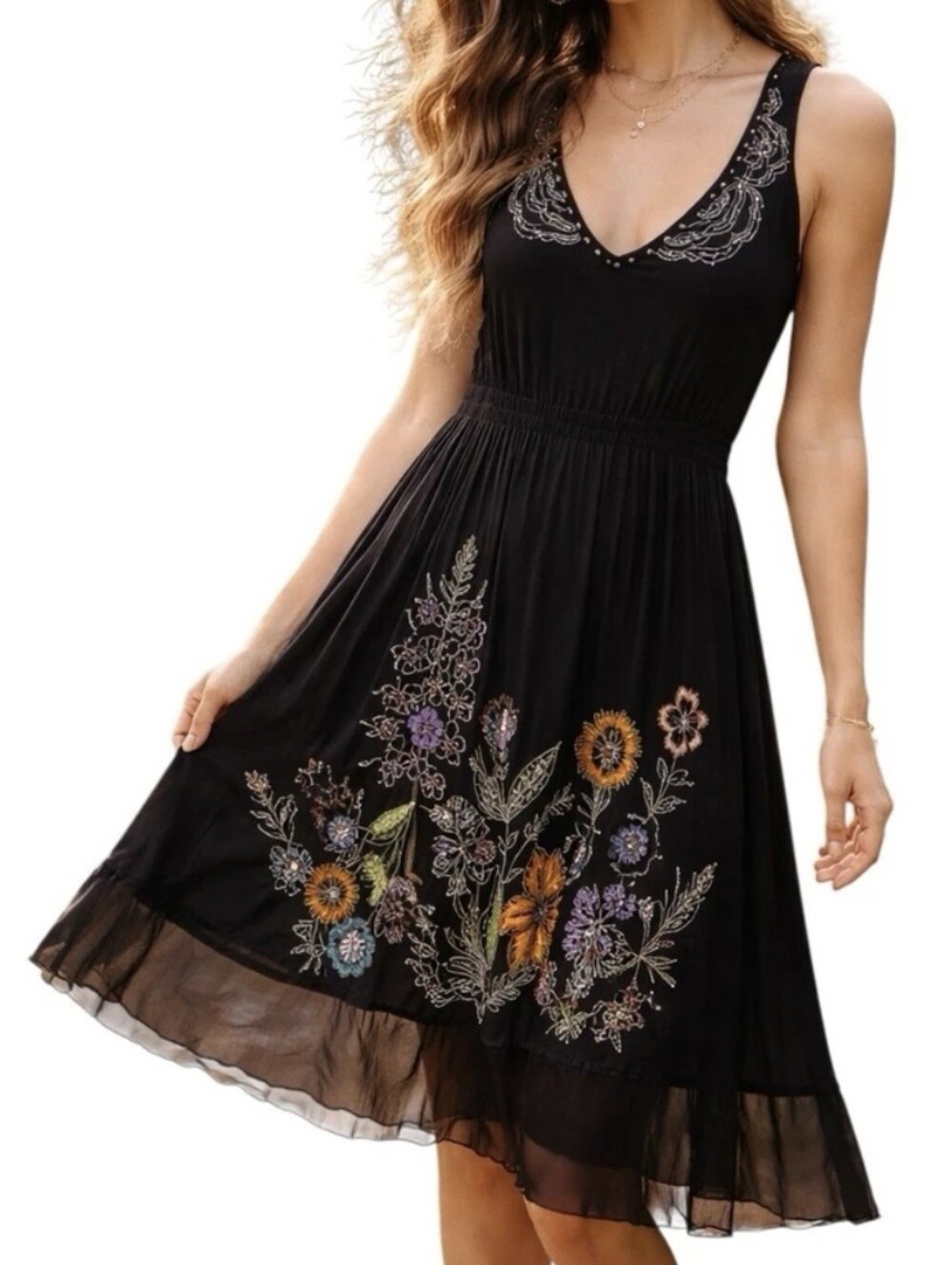 Krista Lee Embroidered Floral Dress Sz S Mesh Hem Dark Romance Whimsigoth Fairy